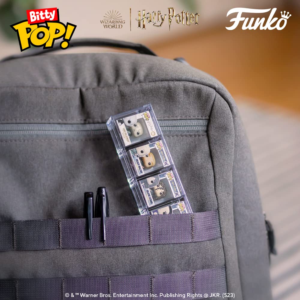 Funko Bitty POP! 4 Pack featuring Harry Potter characters, securely packed in a stylish gray backpack. Verified by CuratCart.