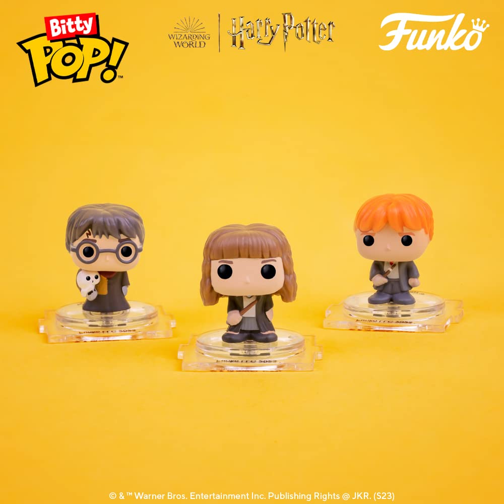 Official Funko Bitty POP! 4 pack featuring Harry Potter, Hermione Granger, and Ron Weasley in colorful design. Great collector's item!