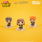 Official Funko Bitty POP! 4 pack featuring Harry Potter, Hermione Granger, and Ron Weasley in colorful design. Great collector's item!