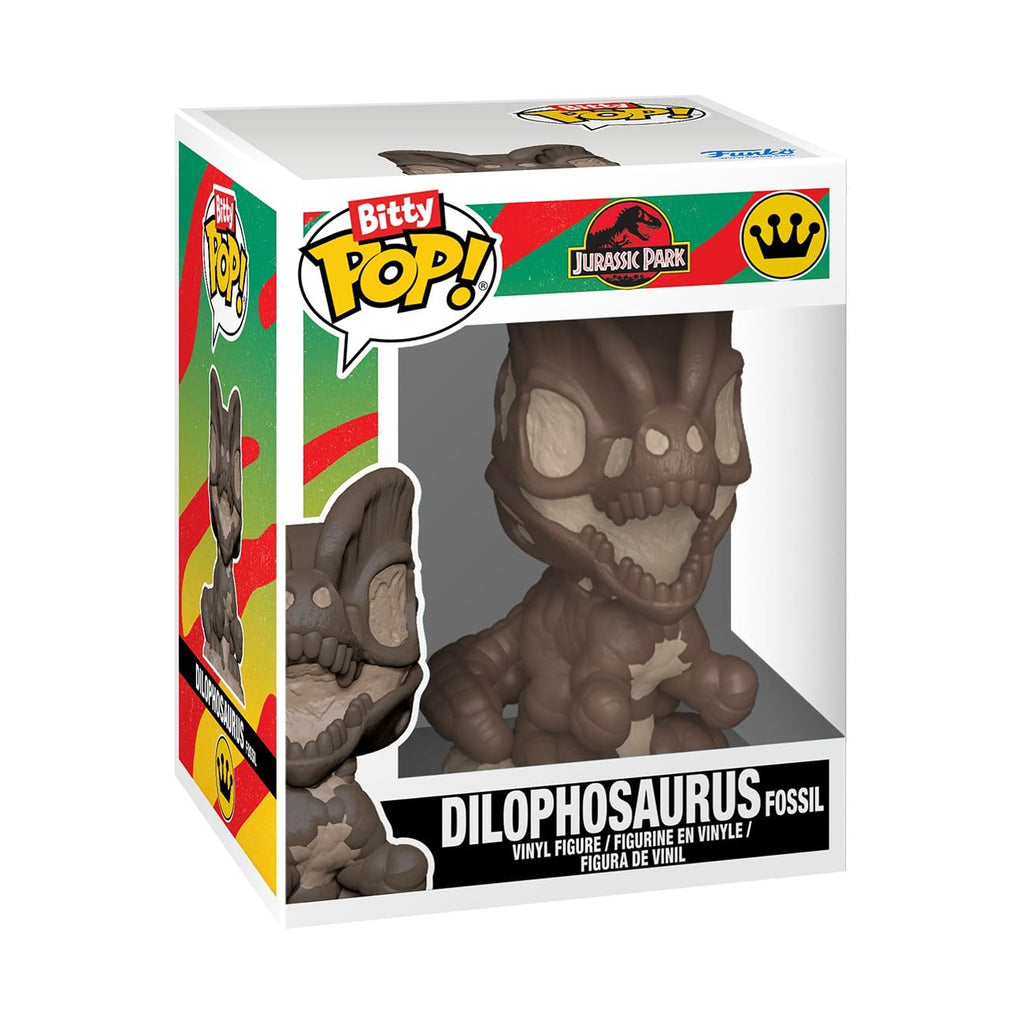 Official Funko Bitty POP! vinyl figure of a Dilophosaurus fossil from Jurassic Park, in original packaging.