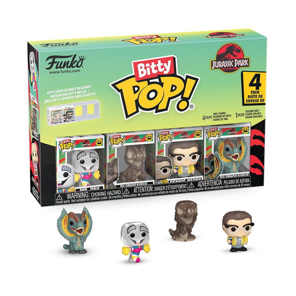 Authentic Funko Bitty POP! 4 Pack featuring Jurassic Park characters. Includes unique display case for collectors.