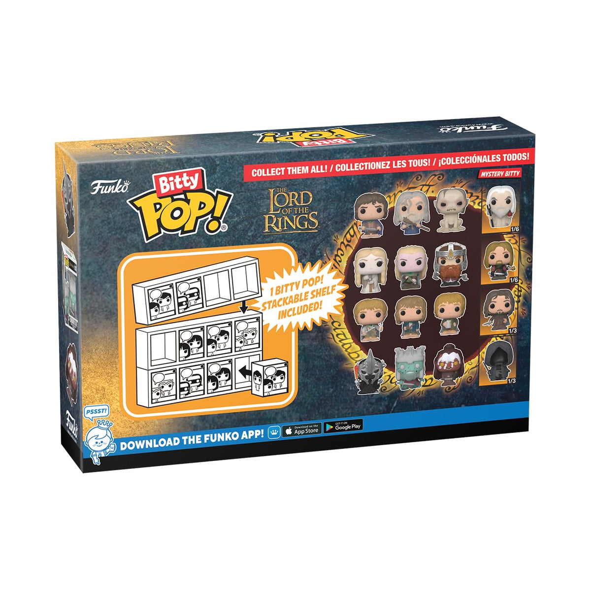 Premium imported Funko Bitty POP! 4 Pack featuring collectible Lord of the Rings figures. Stackable shelf included.