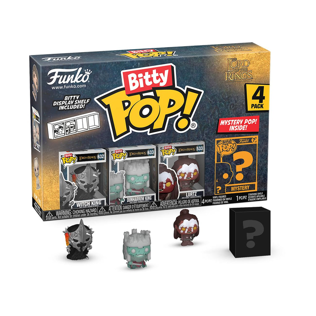 Authentic Funko Bitty POP! 4-pack featuring Lord of the Rings characters, plus a surprise mystery figure inside.