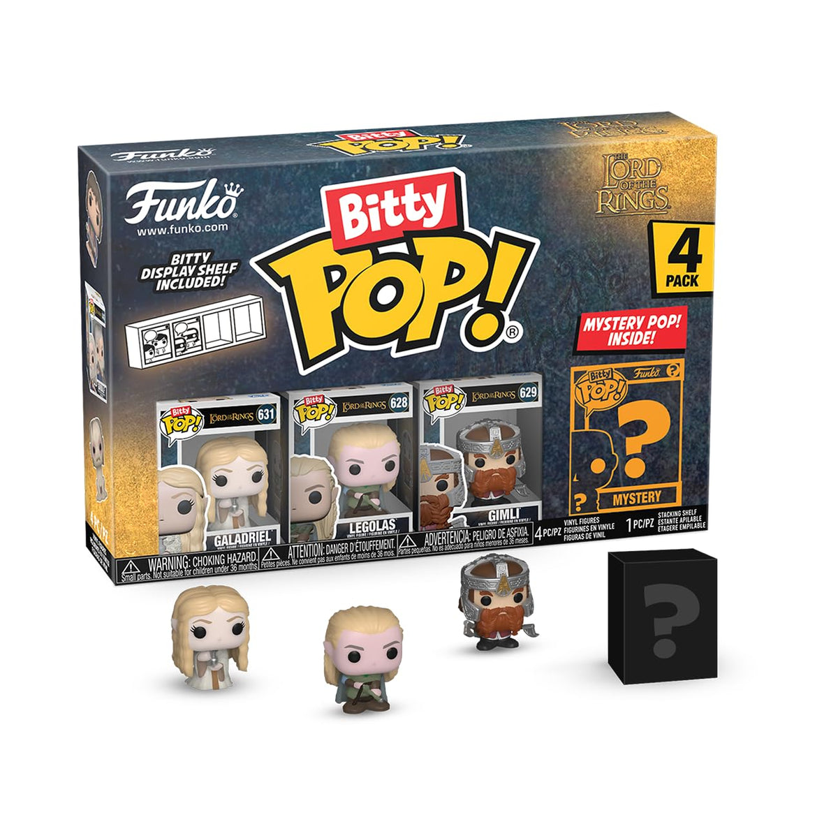 Authentic Funko Bitty POP! 4 pack featuring Galadriel, Legolas, Gimli, plus a mystery figure. Includes display shelf.