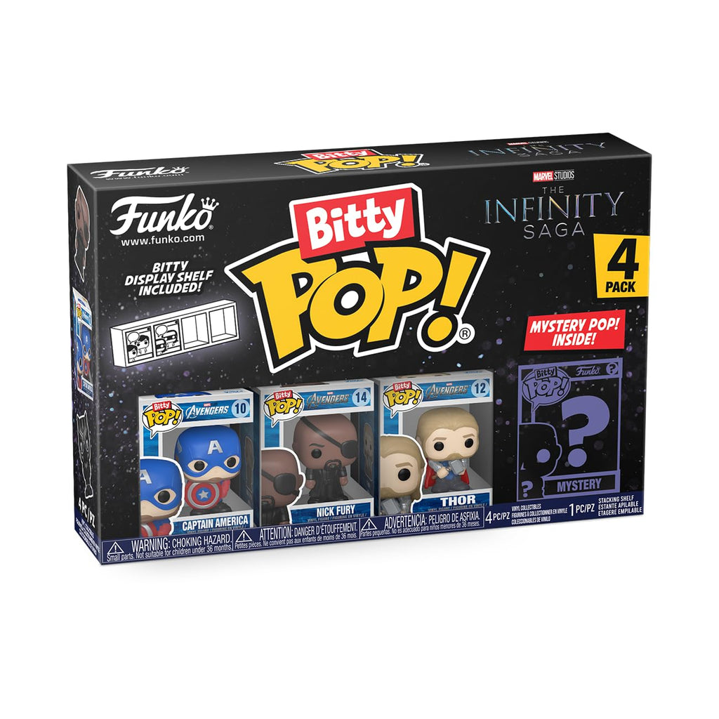 Premium imported Funko Bitty POP! 4 pack featuring Marvel characters: Captain America, Nick Fury, Thor, and a mystery figure.