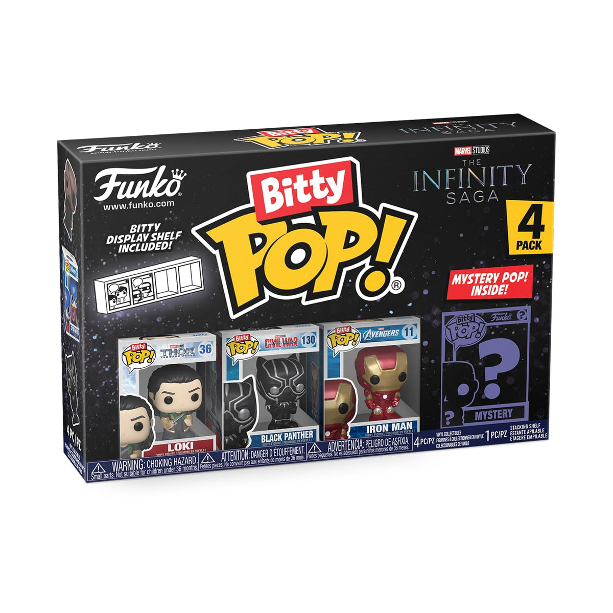 Explore this premium imported Funko Bitty POP! 4 pack featuring Loki, Black Panther, Iron Man, and a mystery figure.