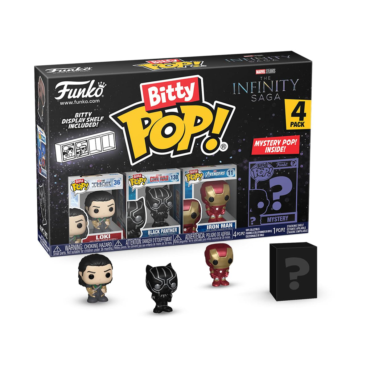 Authentic Funko Bitty POP! 4 Pack featuring Loki, Black Panther, and Iron Man. Includes mystery figure in display box.