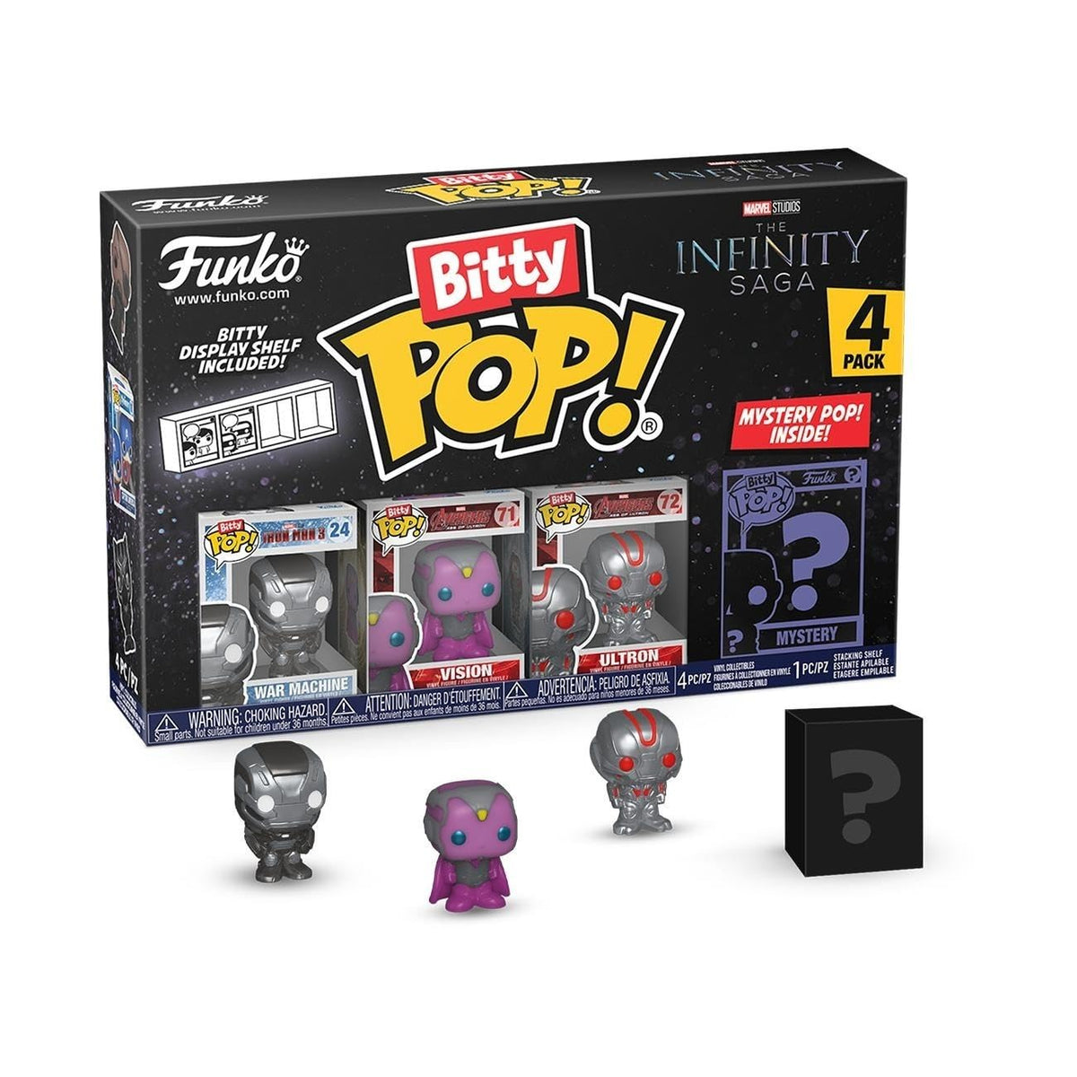 Explore the Funko Bitty POP! 4 Pack featuring Marvel's War Machine, Vision, and Ultron, with one mystery figure included.