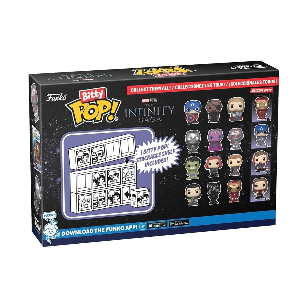 Premium imported Funko Bitty POP! 4 Pack features Marvel characters. Collect them all, includes stackable shelf!