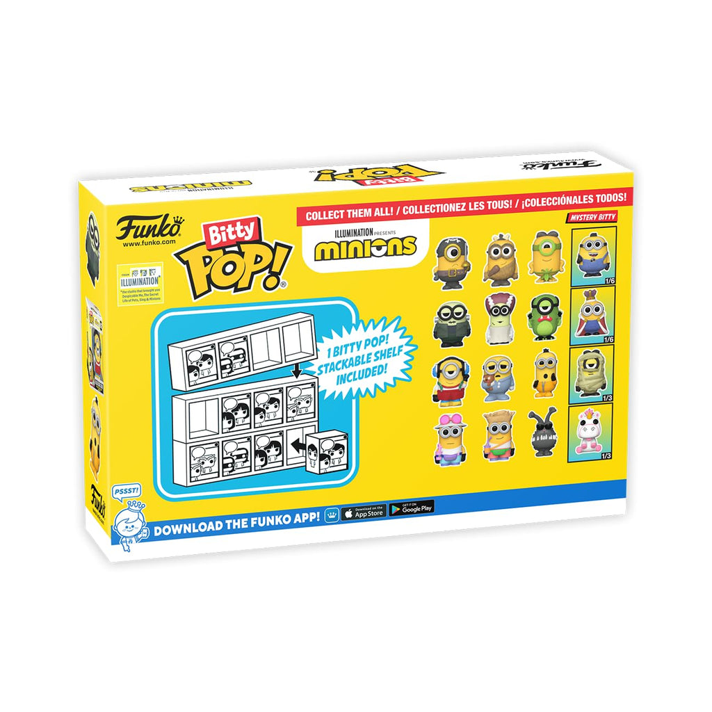 Funko Bitty POP! 4 Pack featuring adorable Minions. Includes stackable shelf. Verified by CuratCart for trust.
