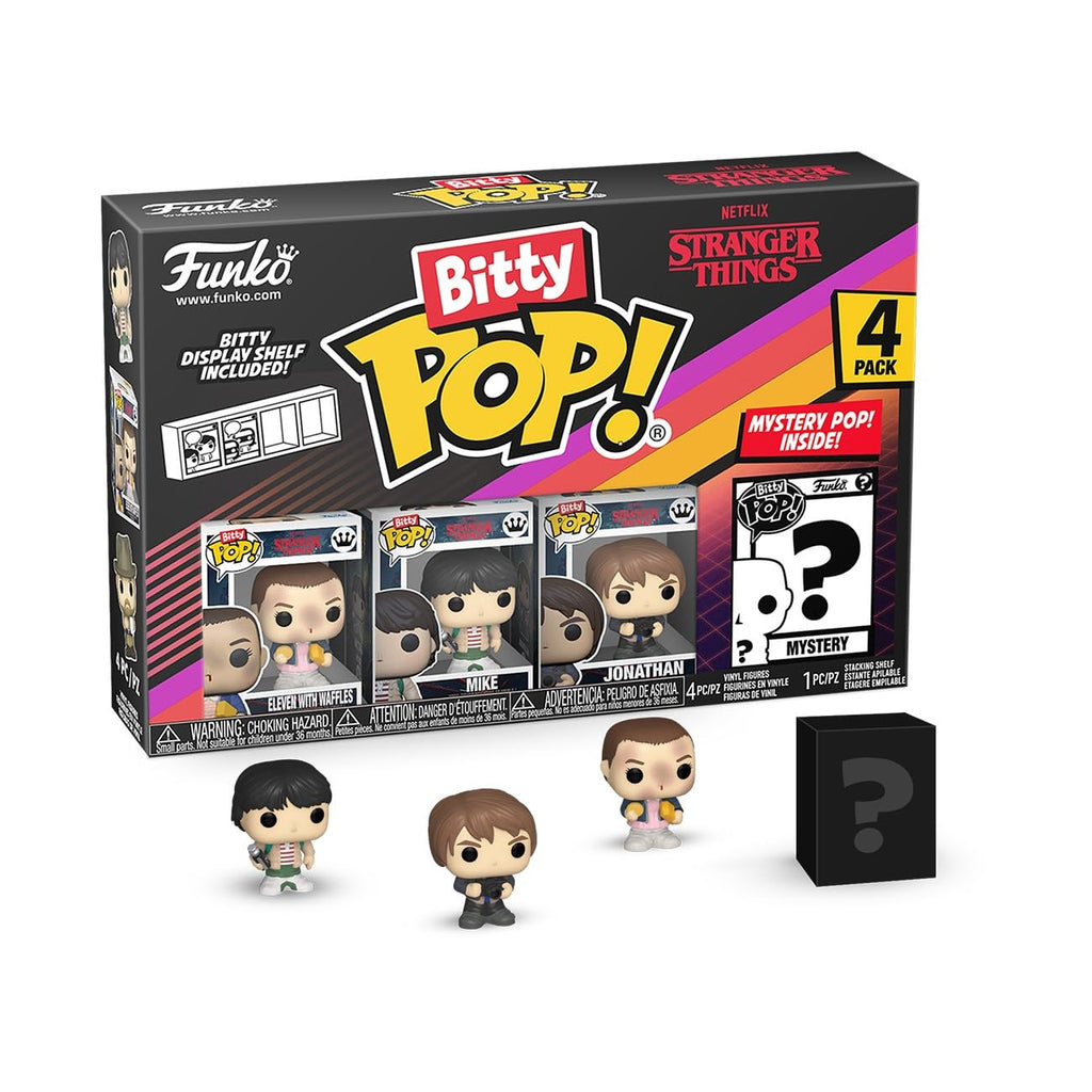 100% Genuine Funko Bitty POP! 4 Pack featuring characters from Netflix's Stranger Things, plus a mystery figure inside.