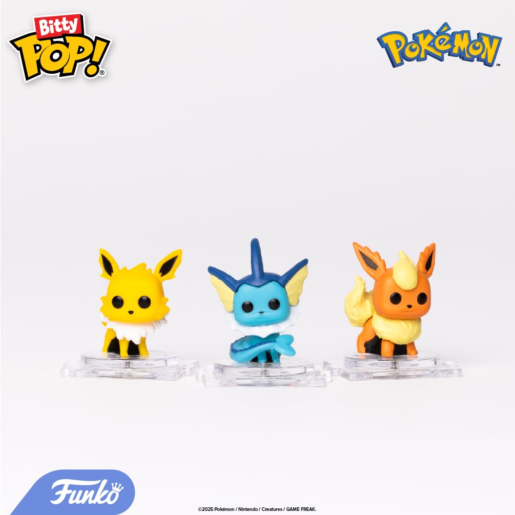 Funko Bitty POP! Figure 4 Pack features adorable Pokemon: Vaporeon, Jolteon, and Flareon, officially licensed with original packaging.