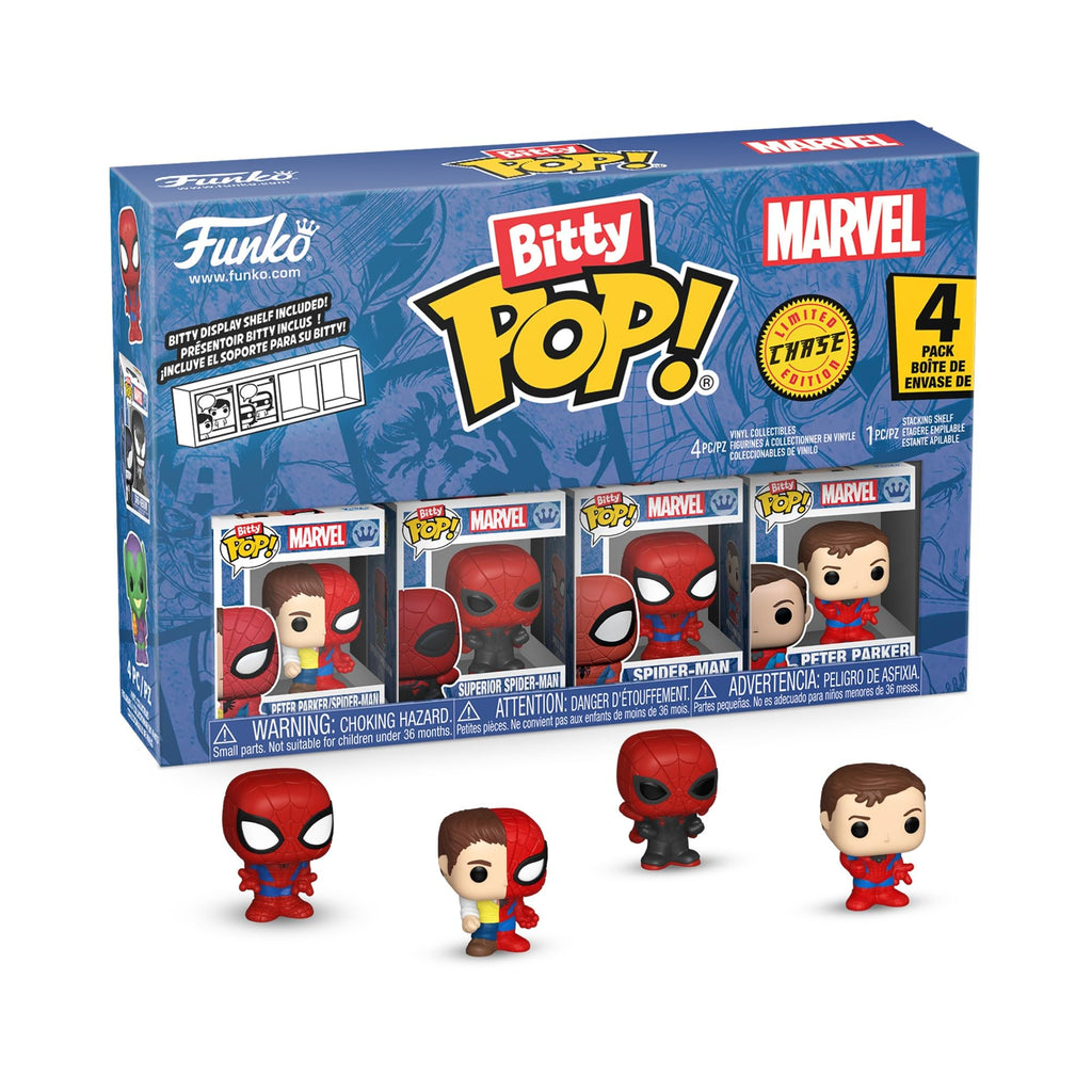 Get the Funko Bitty POP! Spider-Man 4 Pack featuring Spider-Man and Peter Parker. Available for order online now!