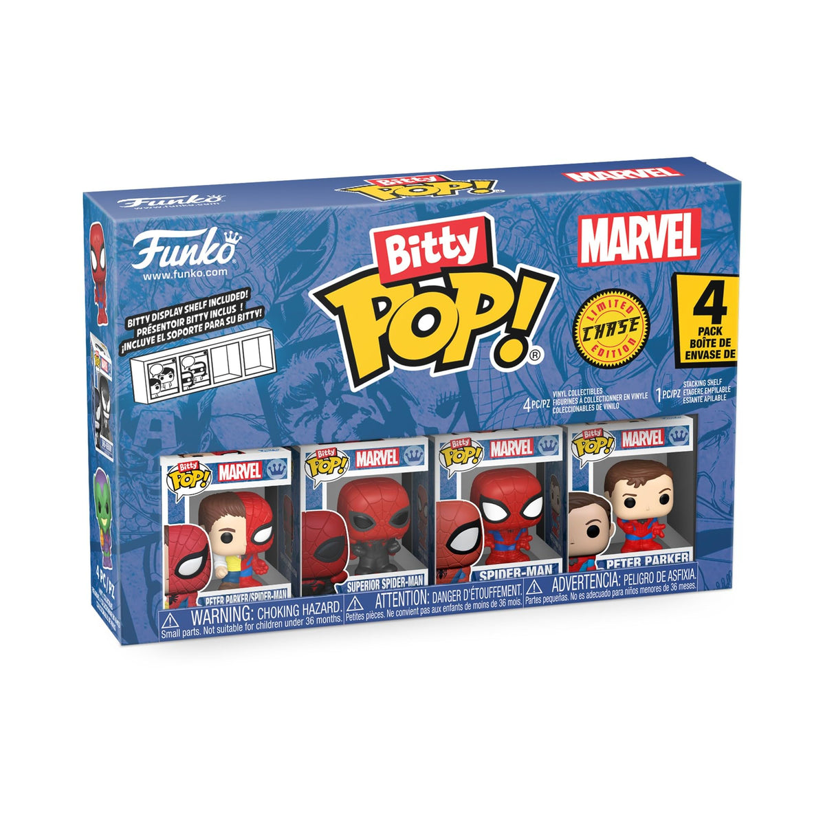 Authentic Funko Bitty POP! 4 Pack featuring Spider-Man and Peter Parker. Perfect for collectors and Marvel fans!