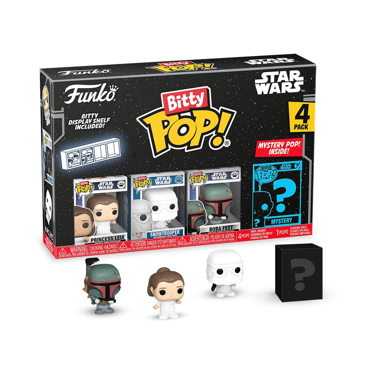 Authentic Funko Bitty POP! 4 Pack includes Princess Leia, Boba Fett, Stormtrooper, and a mystery character. Display shelf included.