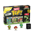 100% genuine Funko Bitty POP! 4 Pack featuring Leonardo, Michelangelo, April O'Neil, and a mystery figure. Display shelf included.