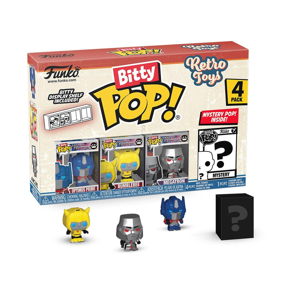 Discover the Funko Bitty POP! 4 Pack featuring Optimus Prime, Bumblebee, and Megatron, plus a mystery figure. 100% Authentic!