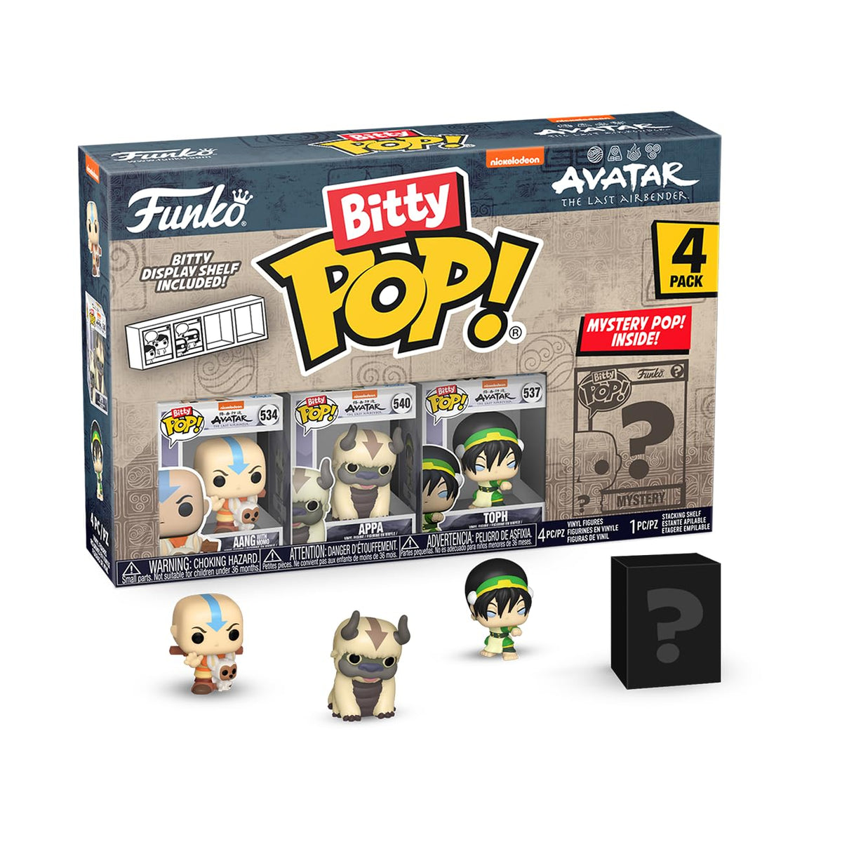Discover the authentic Funko Bitty Pop! Avatar Figures set, featuring Aang, Appa, Toph, and a mystery figure. 100% genuine collectible!