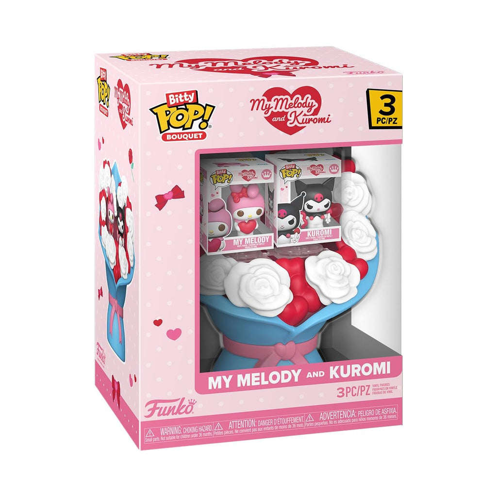 100% Genuine Funko Bitty Pop! Bouquet featuring My Melody and Kuromi, beautifully presented in a colorful box.