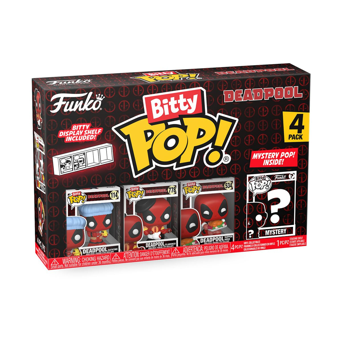 Authentic Funko Bitty POP! Deadpool pack includes 4 figures and a mystery pop. Perfect for collectors and fans!