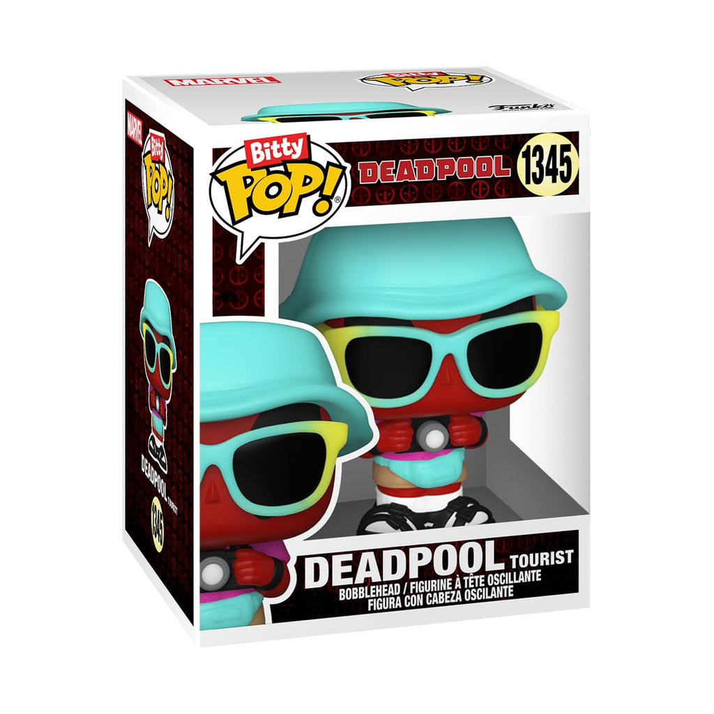 Official Funko Bitty POP! Deadpool figure in vibrant swimwear, packaged for collectors. Perfect for fans and gifts!