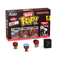 Authentic Funko Bitty POP! Deadpool set, featuring three Deadpool figures and one mystery POP! in a colorful display box.