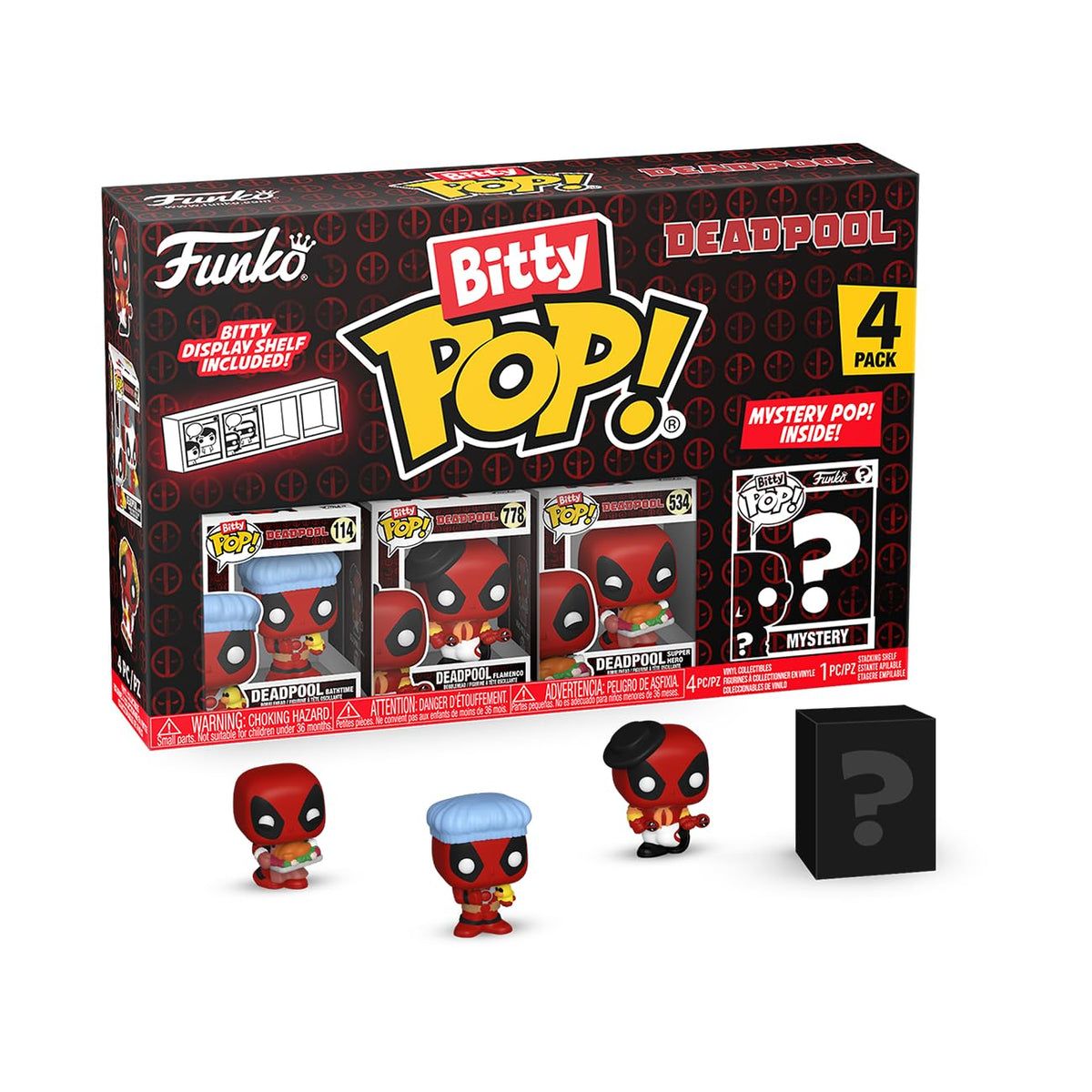 Authentic Funko Bitty POP! Deadpool set, featuring three Deadpool figures and one mystery POP! in a colorful display box.