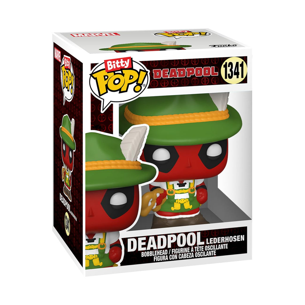 Premium imported Funko Bitty POP! Deadpool in lederhosen, ideal for collectors and fans of the quirky superhero.