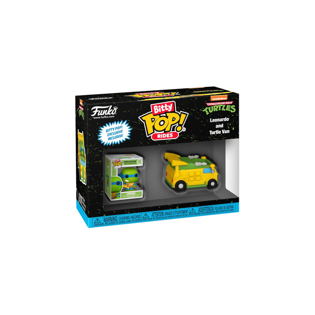 Authentic Funko Bitty POP! Ride featuring Leonardo and his iconic Turtle Van. Perfect for collectors and TMNT fans!