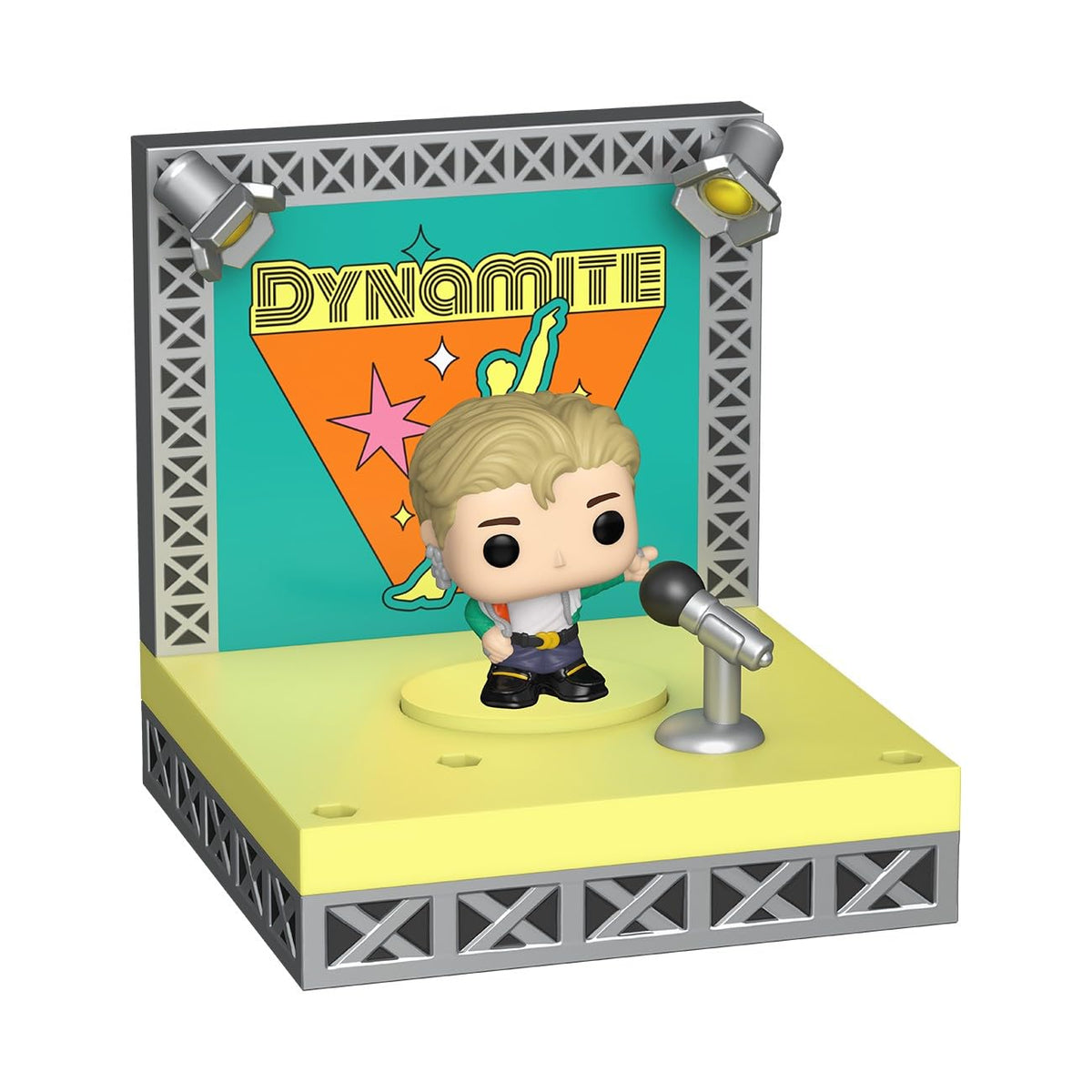Premium imported Funko Bitty POP! of BTS's Dynamite. Features a figure on a vibrant stage with iconic backdrop.