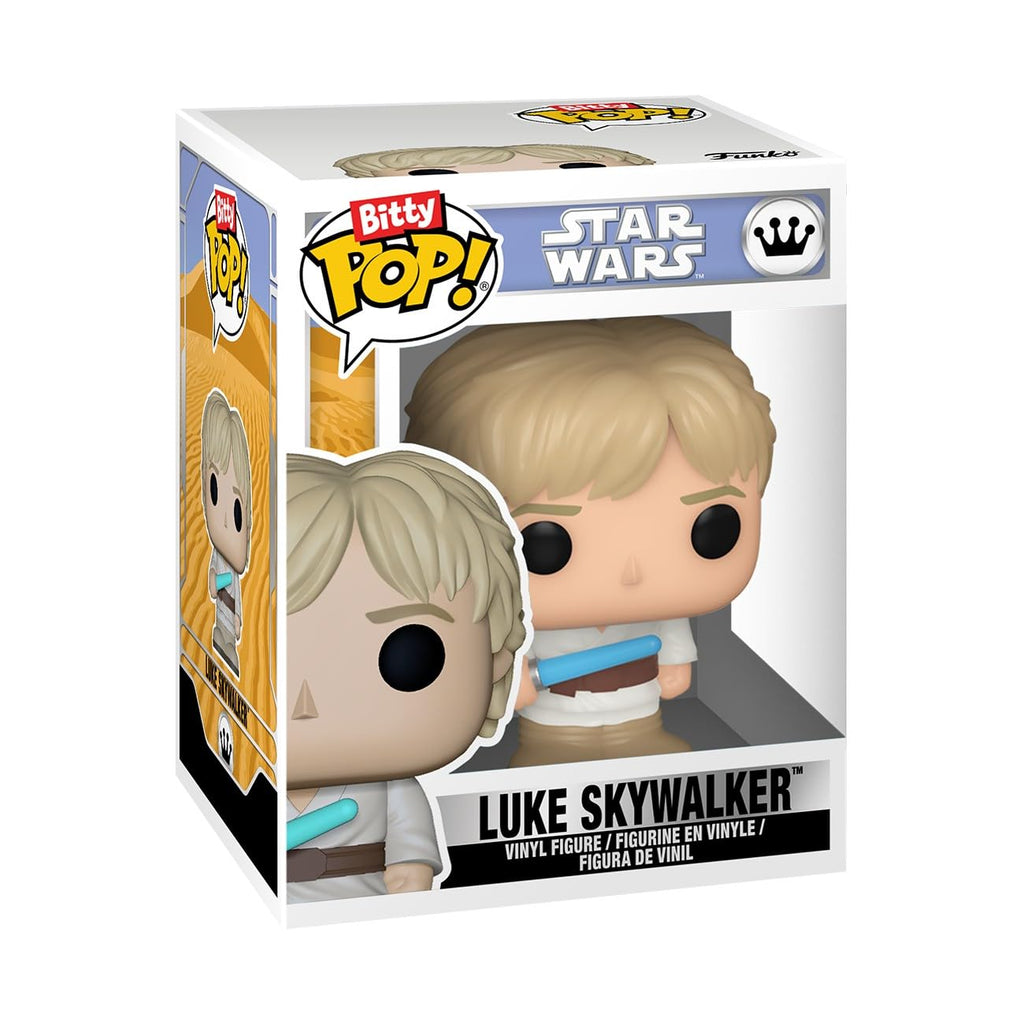 Authentic Funko Bitty POP! figures featuring Luke Skywalker from Star Wars in a collectible box, perfect for fans.