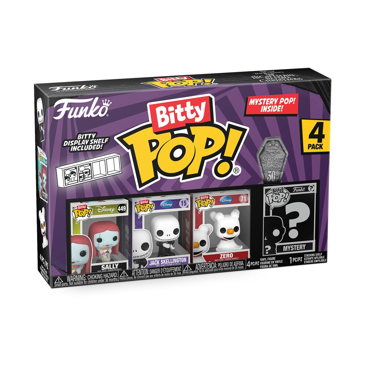 Imported Funko Bitty Pop 4-pack features Sally, Jack Skellington, Zero, and a mystery figure. Collectible set!