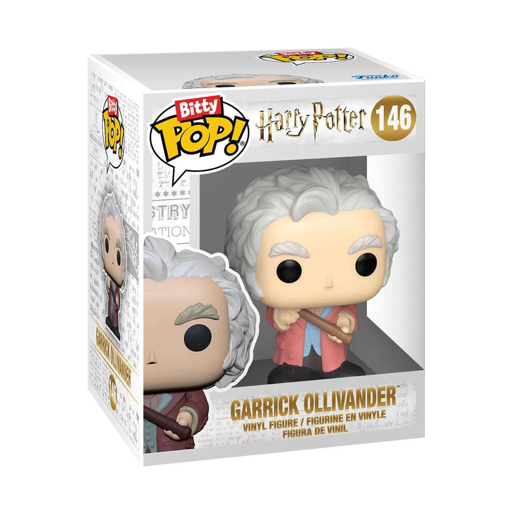 100% genuine Funko Bitty POP! Town figure of Garrick Ollivander from Harry Potter, in a collectible box.