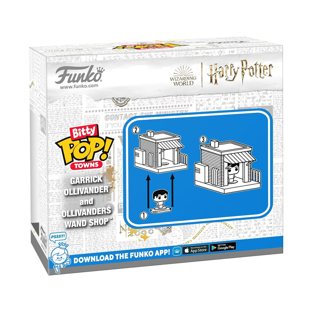 Funko Bitty POP! Town set featuring Ollivanders wand shop and Garrick Ollivander figure. Verified by CuratCart.