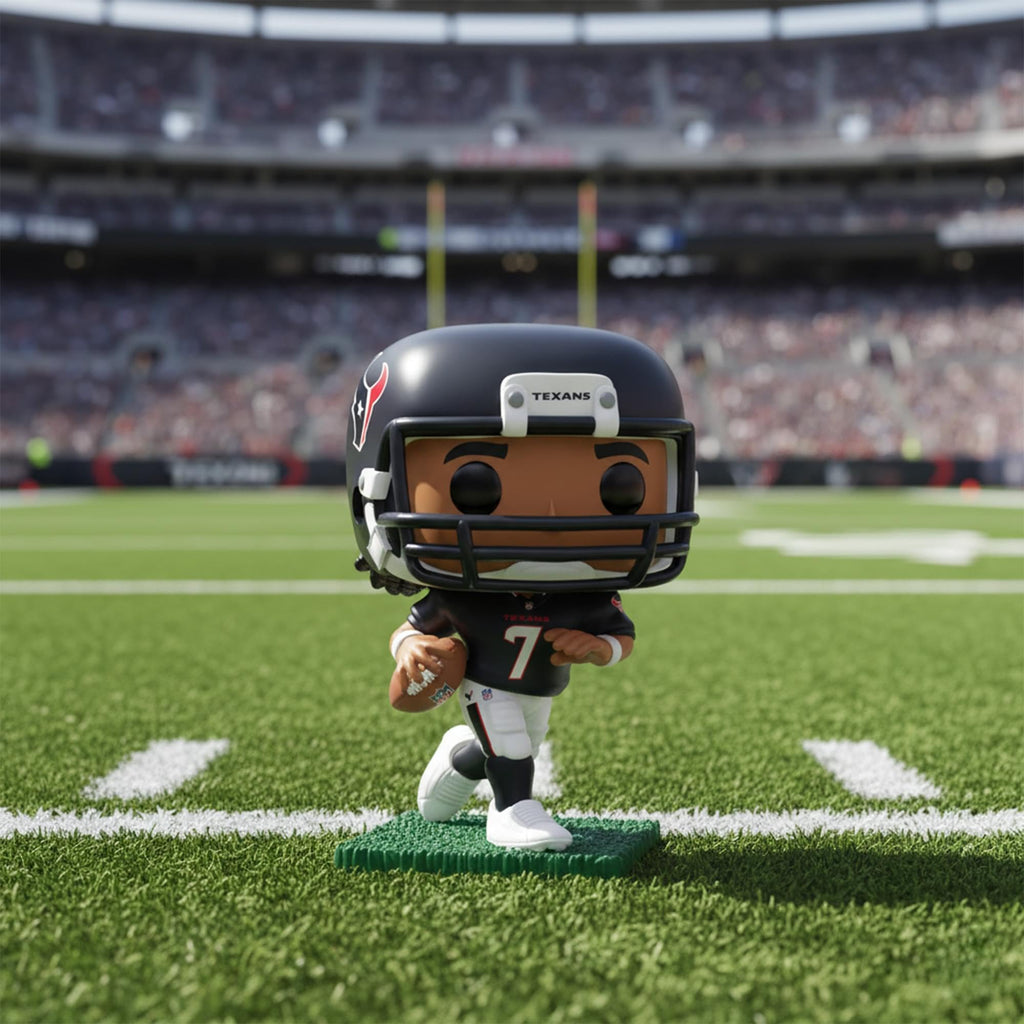 Official Funko Pop! figure of C.J. Stroud in Houston Texans gear, showcasing detailed NFL-themed design on the field.