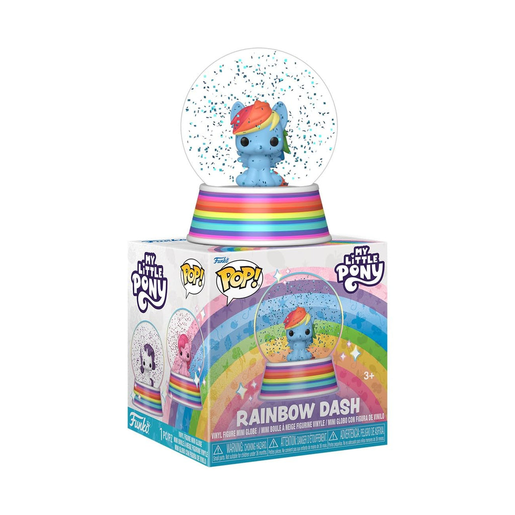 Authentic Funko My Little Pony snow globe featuring Rainbow Dash, vibrant colors, and playful confetti. Perfect for collectors!