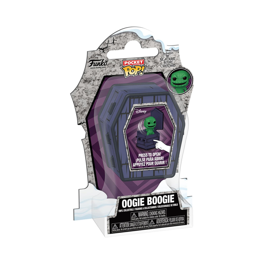 Authentic Funko Coffin POP! of Oogie Boogie from Disney's The Nightmare Before Christmas, featuring vibrant packaging.