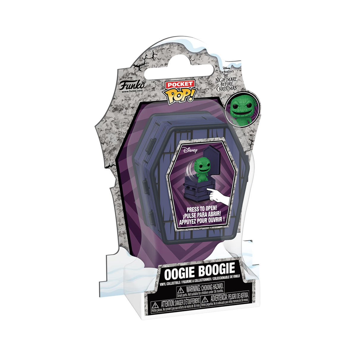 Authentic Funko Coffin POP! of Oogie Boogie from Disney's The Nightmare Before Christmas, featuring vibrant packaging.