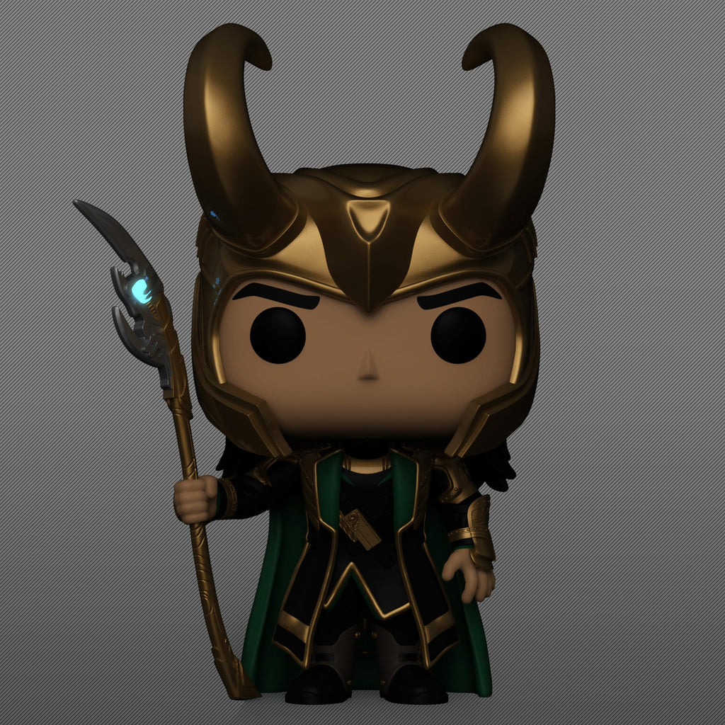 Premium imported Funko Pop! of Loki, featuring a vibrant glow-in-the-dark scepter, ideal for collectors and Marvel fans.