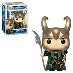 Funko Pop! Loki figure holding scepter, features glow-in-the-dark design. Verified by CuratCart for quality.