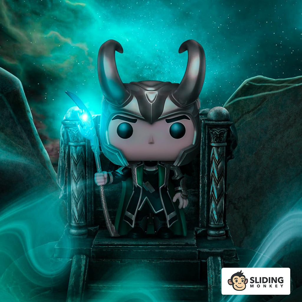 Glow-in-the-dark Funko Pop of Loki, featuring sharp horns and scepter, in original packaging with vibrant cosmic backdrop.
