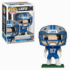 Authentic Funko NFL Pop! figure of Aidan Hutchinson in blue Lions jersey, standing on green base, perfect for collectors.