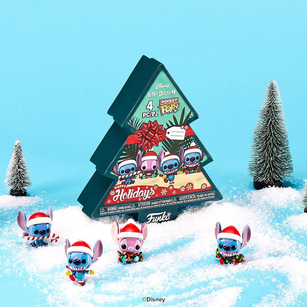 Celebrate the holidays with this Funko Pocket Pop! Stitch set, featuring 4 festive figures. Order online, available now!