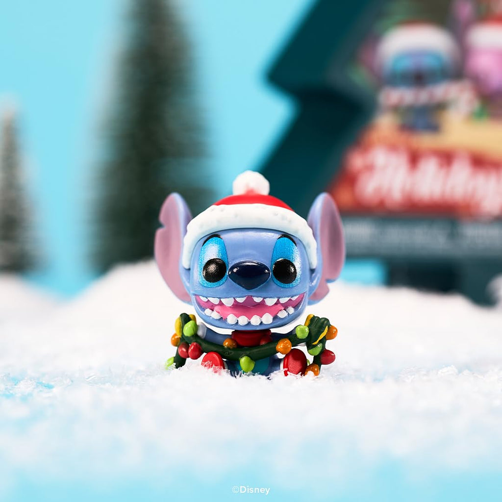 Cheerful Stitch in a Santa hat surrounded by Christmas lights, perfect for holiday collections. Verified by CuratCart.