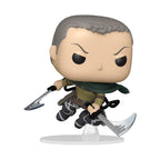 Stylized Funko POP! figure from Attack on Titan, featuring a character with weapons. Available online for order.