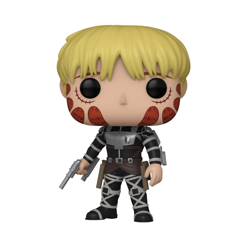 Premium imported Funko POP! figure of Titan character with blonde hair, gun, and striking red markings. A must-have for fans!
