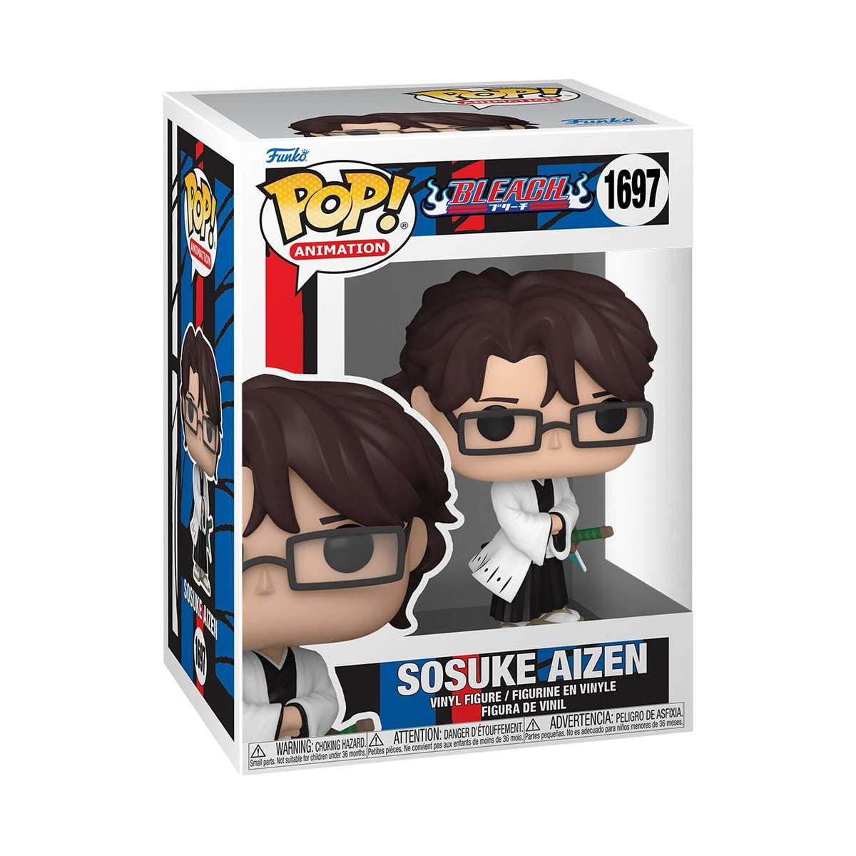 100% Authentic Funko POP! Animation figure of Sosuke Aizen from Bleach, featuring detailed design in a collector's box.