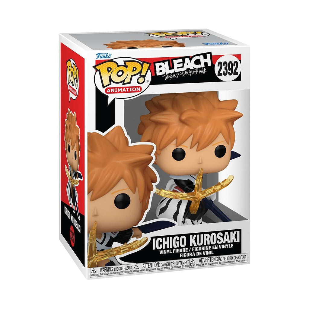 100% genuine Funko POP! Ichigo Kurosaki from Bleach. Vinyl figure with orange hair and sword, in collectible box.