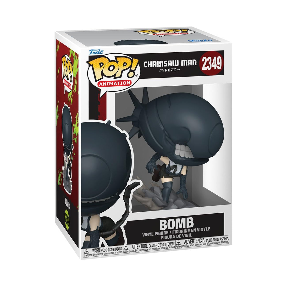 Authentic Funko Pop! figure of Chainsaw Man's Reze, featuring her iconic bomb design in a colorful box.