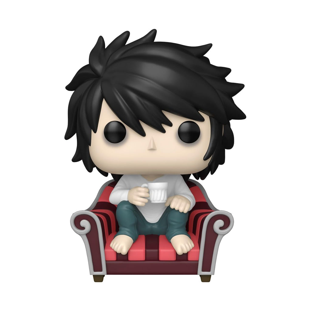 This Funko POP! features L from Death Note sitting on a striped chair, holding a cup. Available in India, order online now!